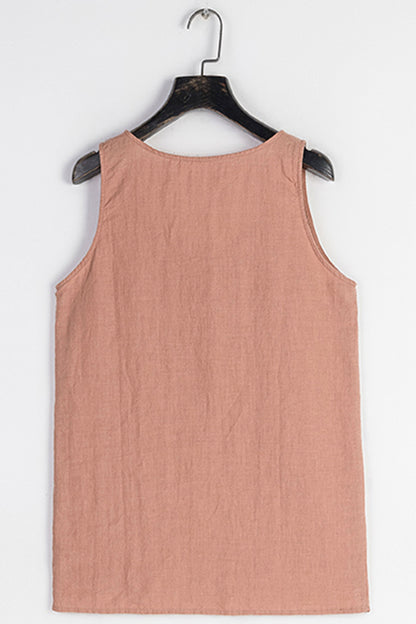 100% Linen Tank Top - Scoop Neck Decorative Buttons | Xiaolizi 3410
