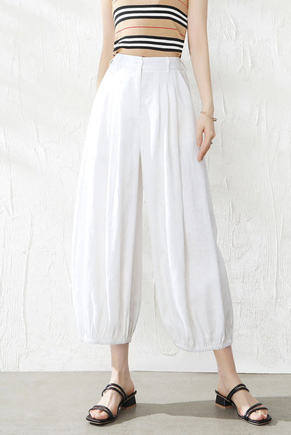 Beige Linen Wide Leg Pants - Casual Relaxed Fit with Elastic Waist 3516