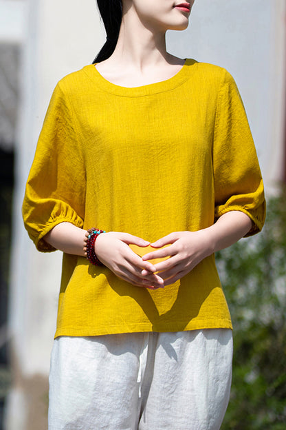 Off White Linen Blend Round Neck Top - Loose Fit Half Sleeve 3674