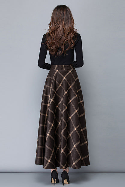 Brown Wool A-Line Maxi Skirt - High Waist with Pockets 3792