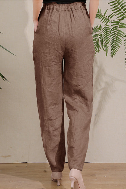 Brown Linen Wide Leg Pants - High Waist Elastic Comfort 3673