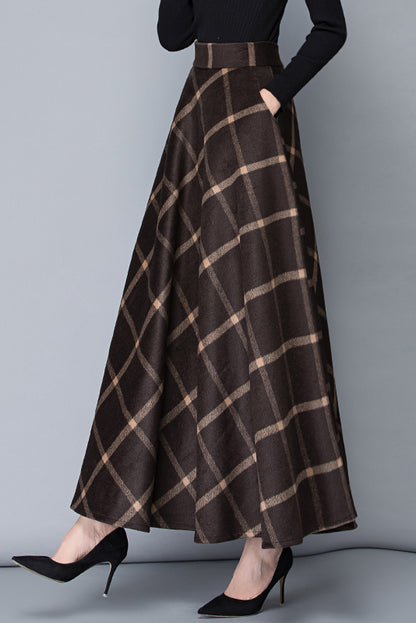 Brown Wool A-Line Maxi Skirt - High Waist with Pockets 3792