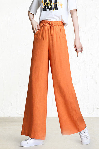White Linen Wide Leg Pants - Elastic Waist with Front Pockets 3518
