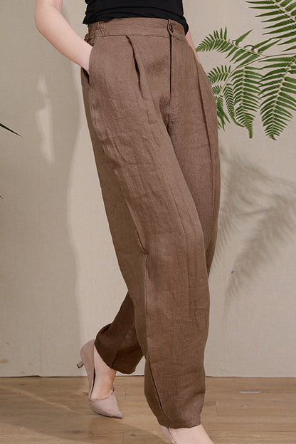 Brown Linen Wide Leg Pants - High Waist Elastic Comfort 3673