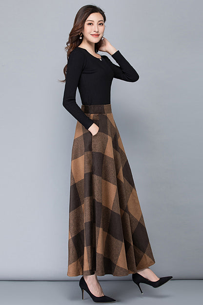 Brown Wool Maxi Skirt - Vintage Plaid Full Length 3782