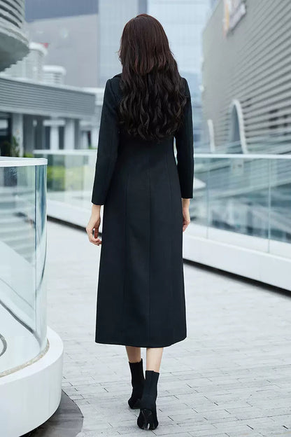 Black Wool Coat – Handmade Long Slim Fit Button Front Winter Overcoat for Women 3976