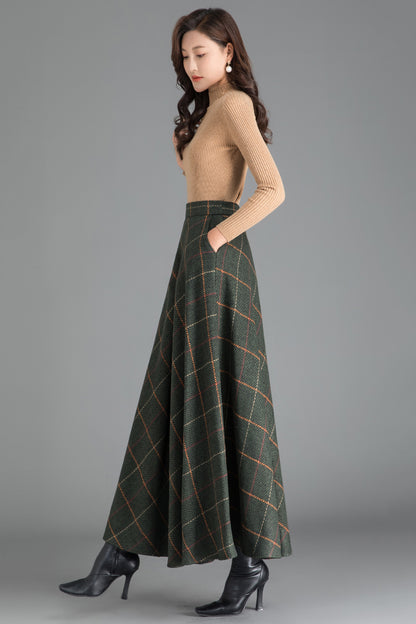 Green Plaid Wool Maxi Skirt – High Waist A-Line Winter Skirt for Women 3793