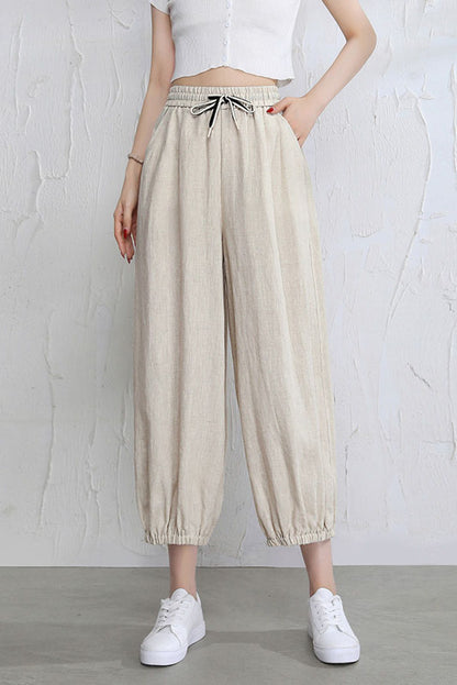 Brown Linen Wide Leg Pants - Elastic Waist and Casual Fit 3519