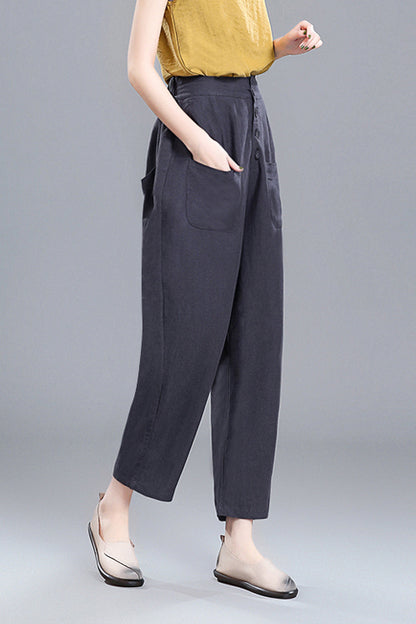 Wine Red Linen Cotton Wide Leg Pants - Vintage High Waist 3670
