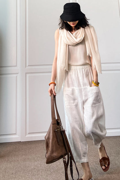 Brown Linen Wide Leg Cropped Pants - Elastic Waist, Front Pockets 3507