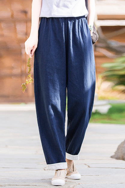 Navy Linen Blend Wide Leg Pants - Vintage Inspired Elastic Waist 3671