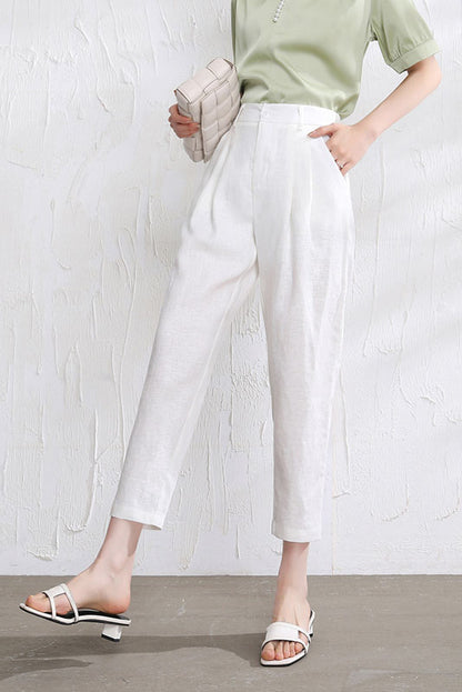 Rust Brown Linen Casual Pants - Loose Fit, Elastic Waist 3512