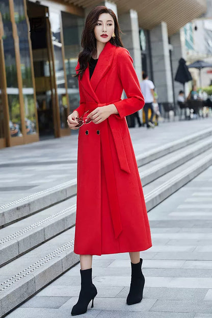 Red Wool Coat – Handmade Long Double Breasted Belted Winter Overcoat for Women 3975