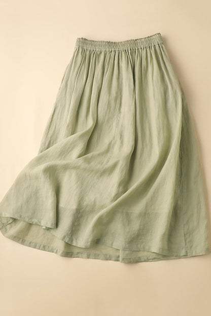 Army Green Linen A-Line Maxi Skirt - Elastic Waist, Side Pockets 3592