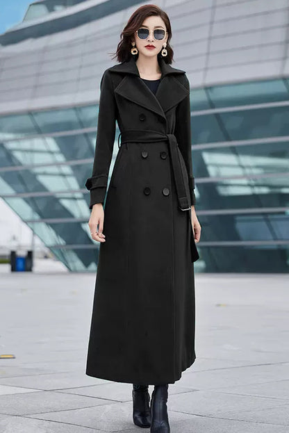 Elegant Handmade Wool Coat – Long Black Double-Breasted Trench Style Overcoat | Xiaolizi 3988