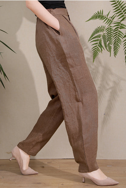 Brown Linen Wide Leg Pants - High Waist Elastic Comfort 3673