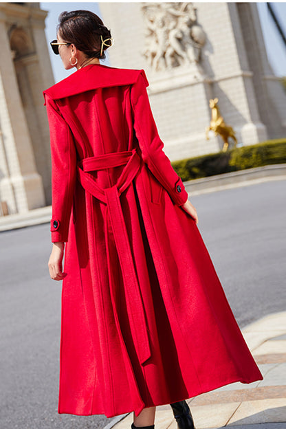 Red Wool Maxi Coat - Double Breasted with Tie Belt Waist 3194