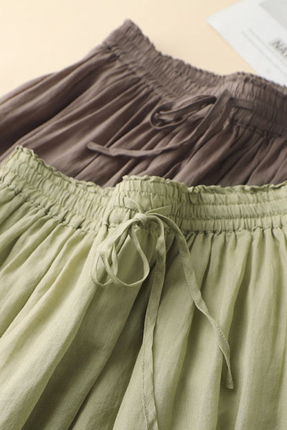 Army Green Linen A-Line Maxi Skirt - Elastic Waist, Side Pockets 3592