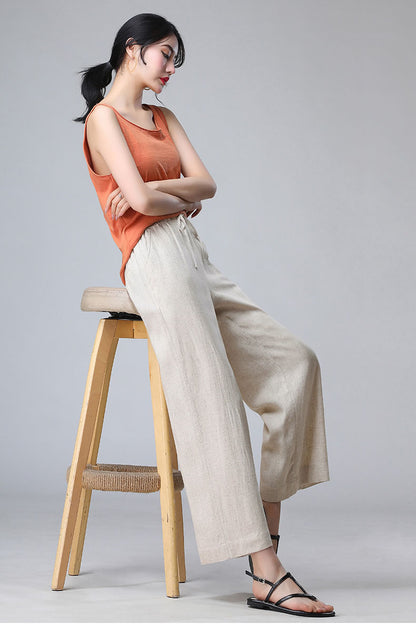 Brown Linen Wide Leg Pants - Elastic Waist, Loose Fit 3520