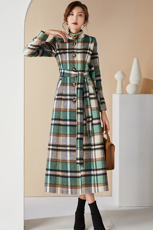 Women Long Green Plaid Wool Coat 3996