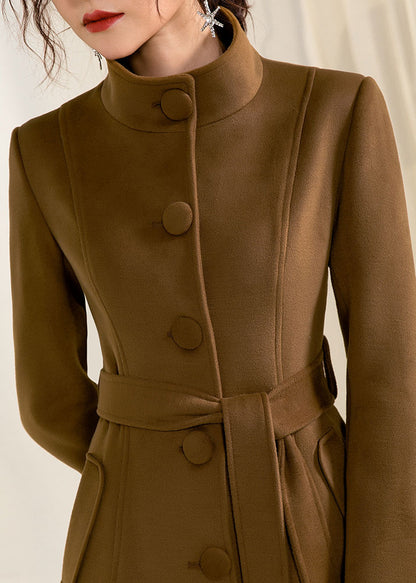 Brown Wool Long Coat - Handmade A-Line Silhouette with Belt 2956