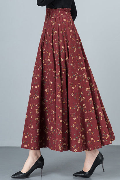 A-Line Floral Cotton Linen Skirt 4108