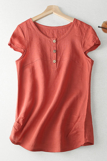 Apricot Linen Short Sleeve Top - Front Button Closure 3653
