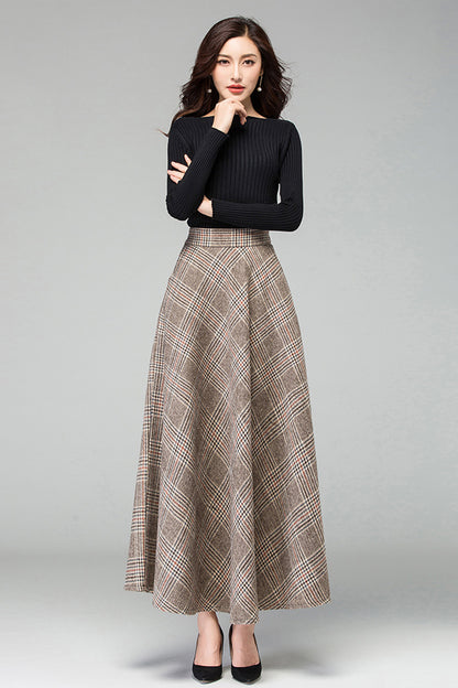 Plaid Wool A-Line Maxi Skirt - Elastic Waist, Fully Lined 3926
