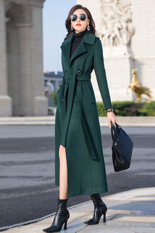 Vintage-Inspired Long Wool Coat – Women’s Belted Winter Overcoat with Pockets 3980