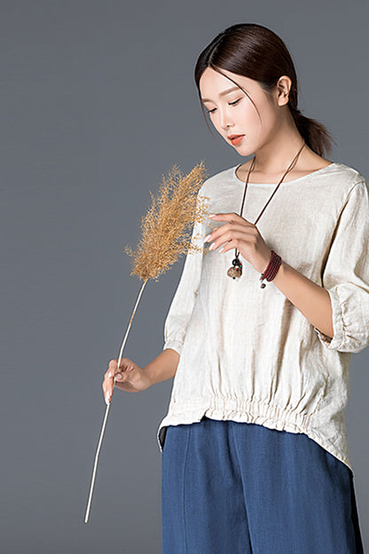 Women half sleeve linen top 3409