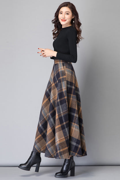 Brown Wool Maxi Skirt - High Waist A-Line Plaid 3799