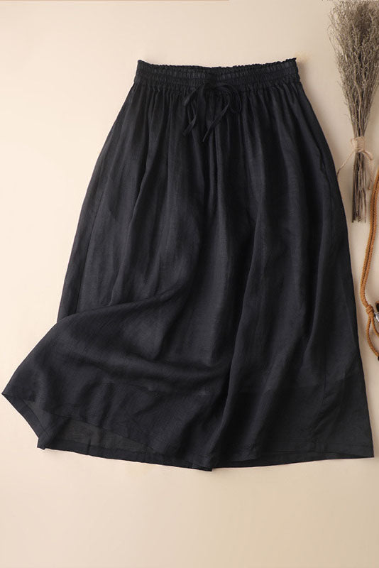 Women Elastic Waist Thin Simple A Line Linen Skirt 3593