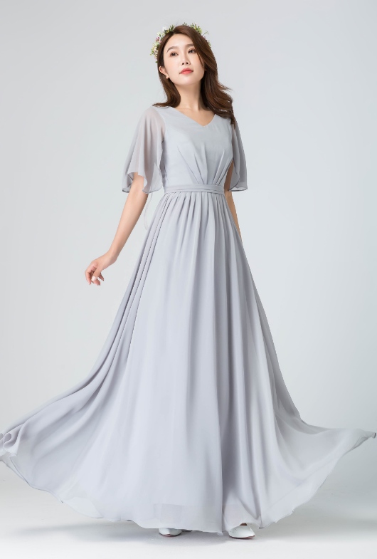 gray chiffon long dress Martini Olive Chiffon Bridesmaid Dress A-Line Maxi Flutter Sleeve V-Neck