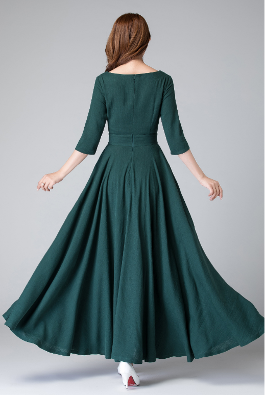 Handmade Dark Green Linen Maxi Dress Square Neck Bridesmaid | Xiaolizi 1907 Emerald Green / Custom order Handmade Dark Green Linen Maxi Dress Square Neck Bridesmaid | Xiaolizi 1907 Emerald Green / Custom order
