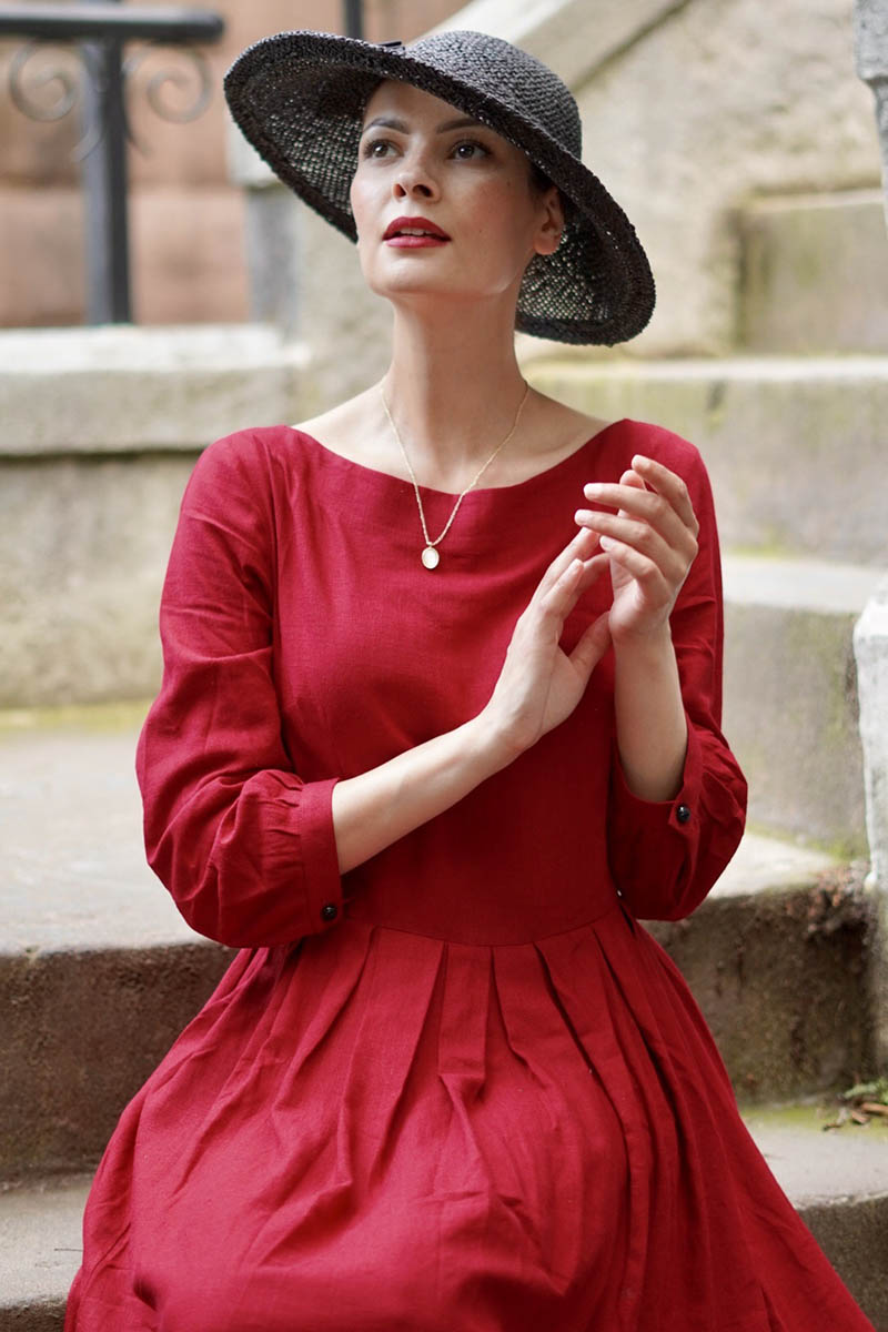 Womens A Line Red Maxi Linen Dress 3742 Xiaolizi Womens A Line Red Maxi Linen Dress 3742 Xiaolizi