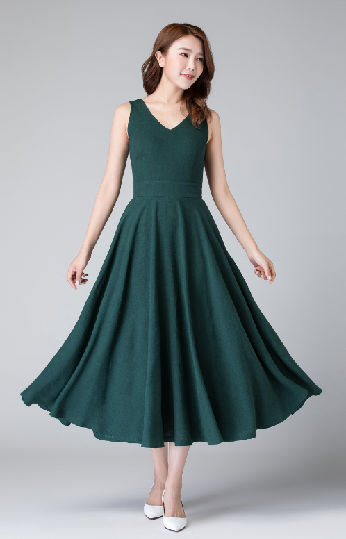 Handmade Green Linen Maxi Dress Sleeveless V-Neck Fit & Flare | Xiaolizi 1905 Forest Green / Custom order Handmade Green Linen Maxi Dress Sleeveless V-Neck Fit & Flare | Xiaolizi 1905 Forest Green / Custom order