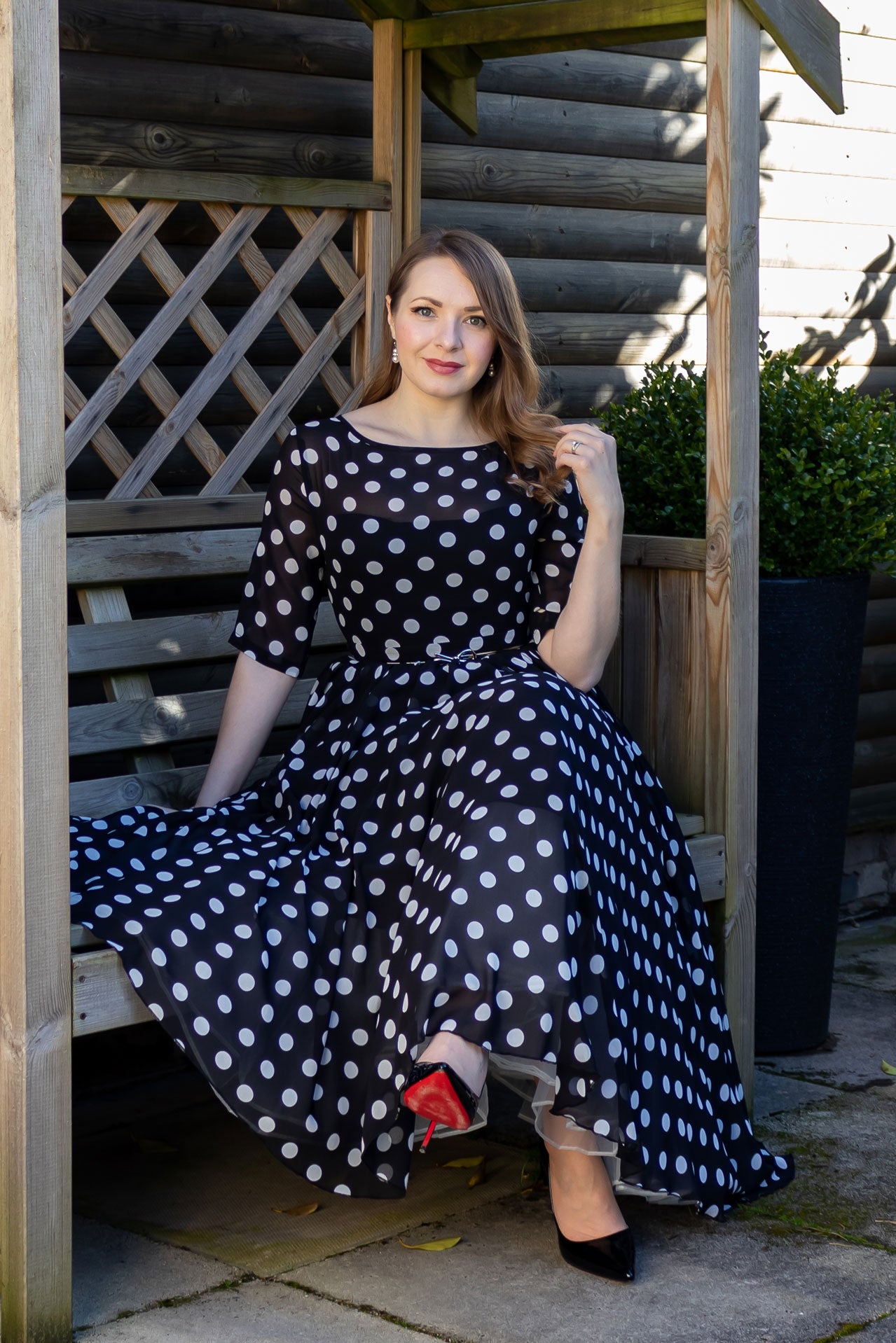 Black Polka Dot Chiffon Maxi Dress - Illusion Neckline | Xiaolizi Black Polka Dot Chiffon Maxi Dress - Illusion Neckline | Xiaolizi