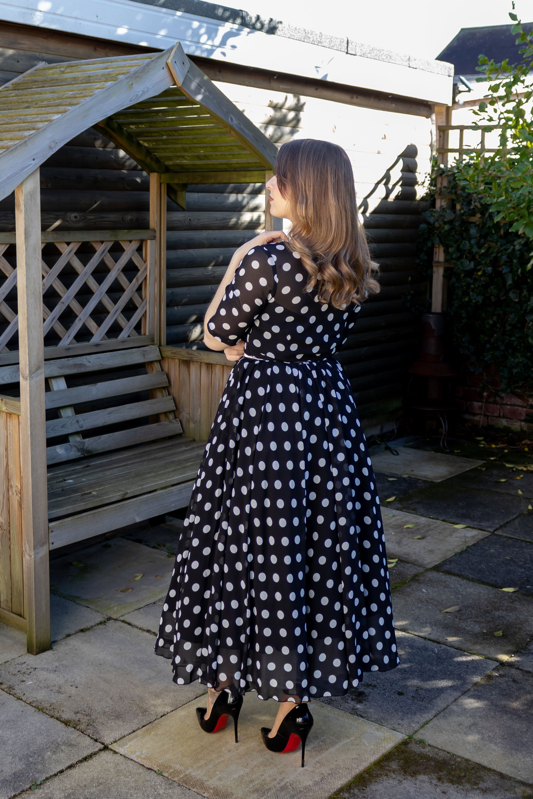 Black Polka Dot Chiffon Maxi Dress - Illusion Neckline | Xiaolizi Black Polka Dot Chiffon Maxi Dress - Illusion Neckline | Xiaolizi