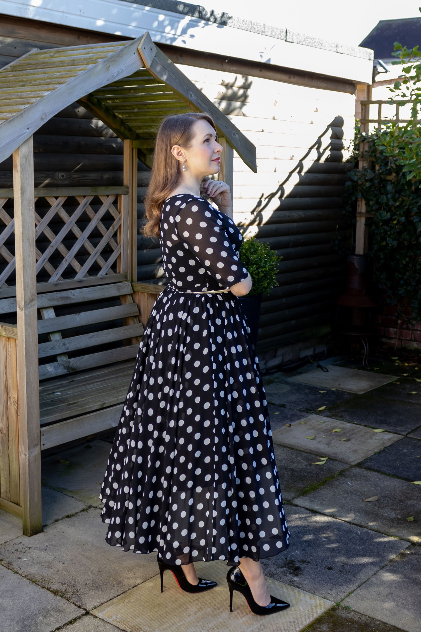 Black Polka Dot Chiffon Maxi Dress - Illusion Neckline Black Polka Dot Chiffon Maxi Dress - Illusion Neckline