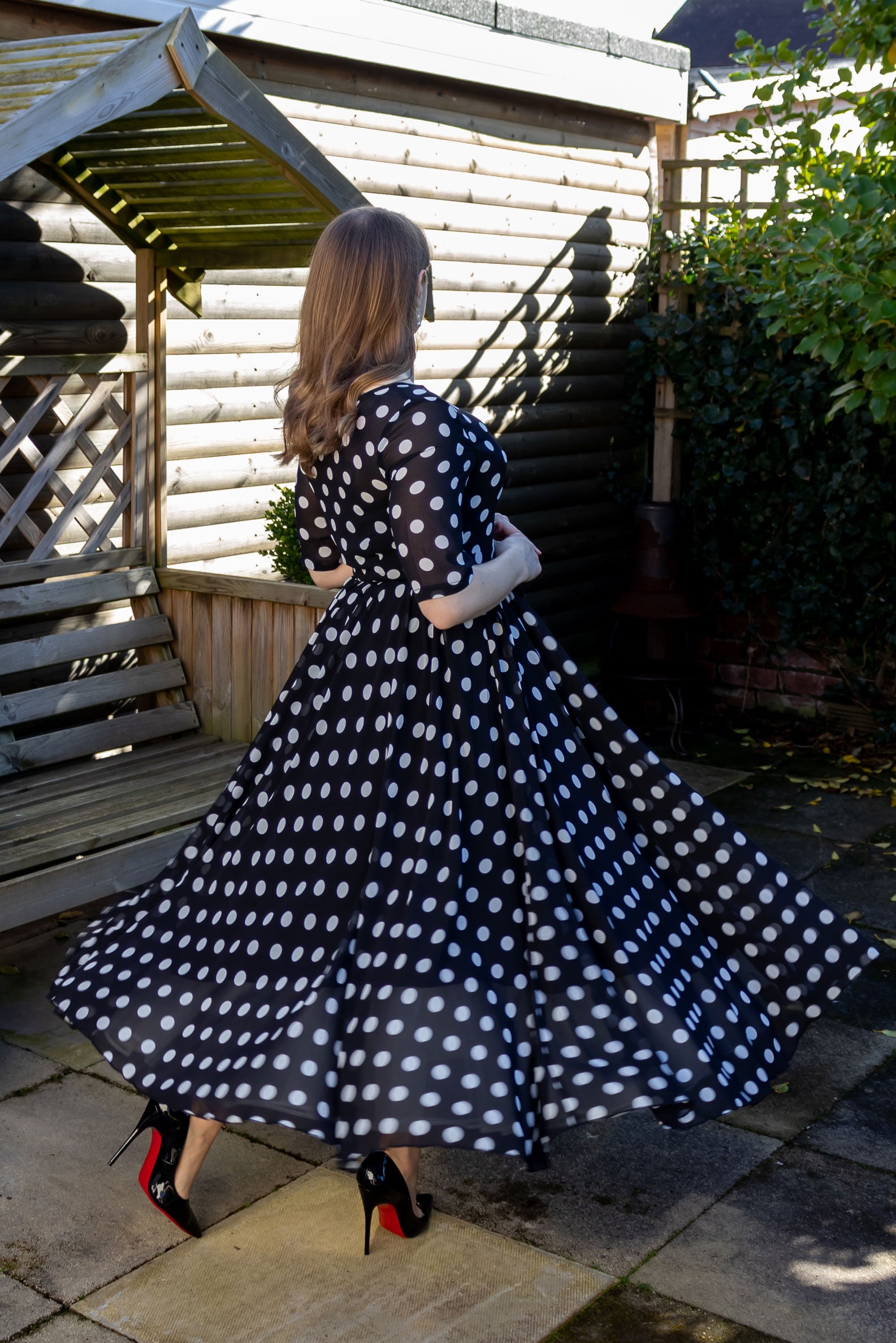 Black Polka Dot Chiffon Maxi Dress - Illusion Neckline | Xiaolizi Black Polka Dot Chiffon Maxi Dress - Illusion Neckline | Xiaolizi