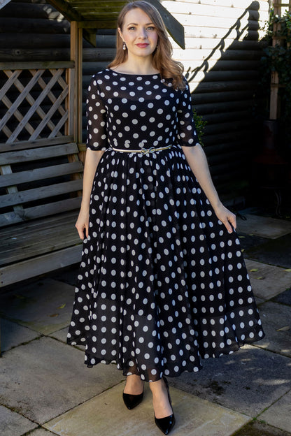 Black Polka Dot Chiffon Maxi Dress - Illusion Neckline | Xiaolizi Black Polka Dot Chiffon Maxi Dress - Illusion Neckline | Xiaolizi