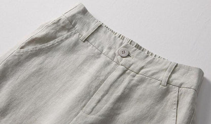 Beige Linen Wide Leg Pants - Stretchy Waist, Casual Fit J121