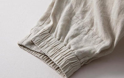 Beige Linen Wide Leg Pants - Stretchy Waist, Casual Fit J121