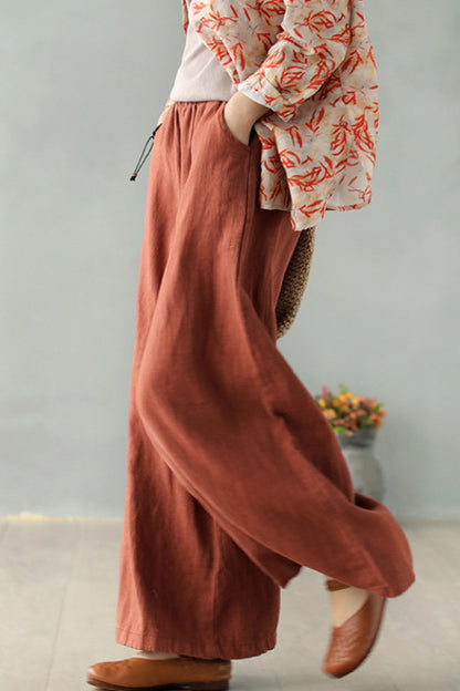 Rust Brown Linen Blend Palazzo Pants - Elastic Waist, Relaxed Fit 2867