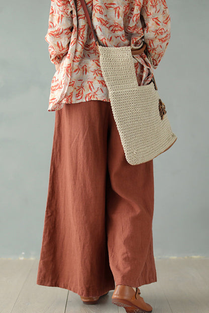 Rust Brown Linen Blend Palazzo Pants - Elastic Waist, Relaxed Fit 2867
