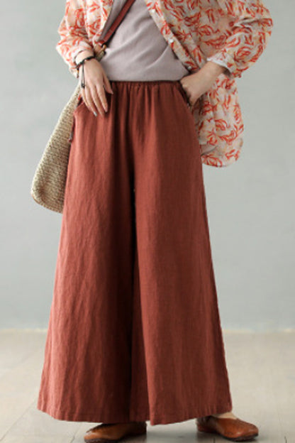Rust Brown Linen Blend Palazzo Pants - Elastic Waist, Relaxed Fit 2867
