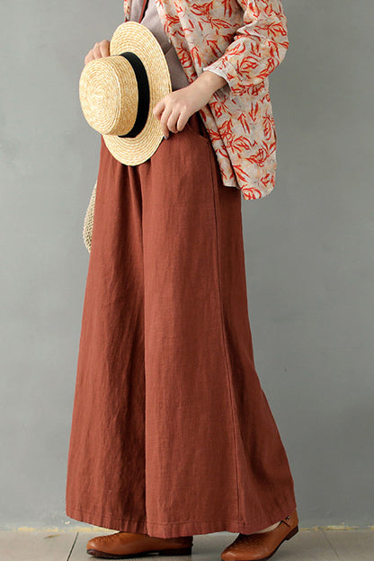 Rust Brown Linen Blend Palazzo Pants - Elastic Waist, Relaxed Fit 2867