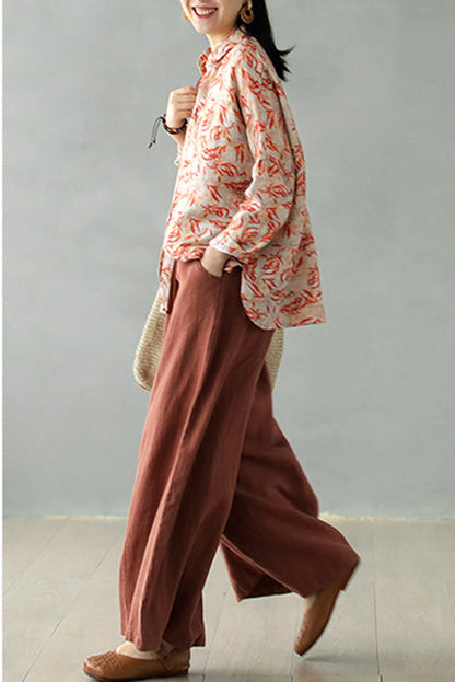 Rust Brown Linen Blend Palazzo Pants - Elastic Waist, Relaxed Fit 2867