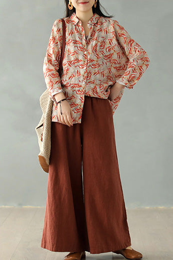 Rust Brown Linen Blend Palazzo Pants - Elastic Waist, Relaxed Fit 2867