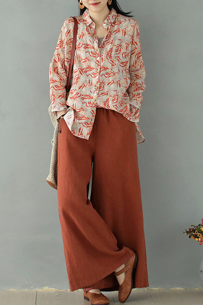 Rust Brown Linen Blend Palazzo Pants - Elastic Waist, Relaxed Fit 2867